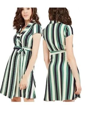 ModCloth vertical striped wrap green/blue  flutter sleeve dress women’s sz L
